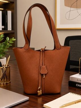 SADI HANDCRAFTED Brown All Leather Tote Bucket Bag